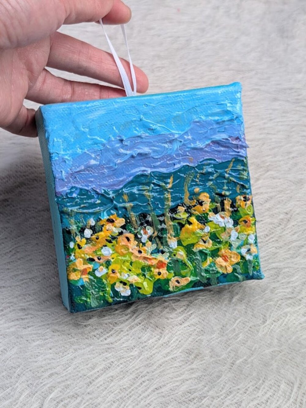 Miniature Textured Landscape Acrylic Painting with Flowers Signed